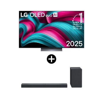Front view of Zestaw telewizor i soundbar I 65 calowy LG OLED evo AI C5 4K Smart TV 2025 + LG Soundbar SC9S OLED65C54LA.SC9S001