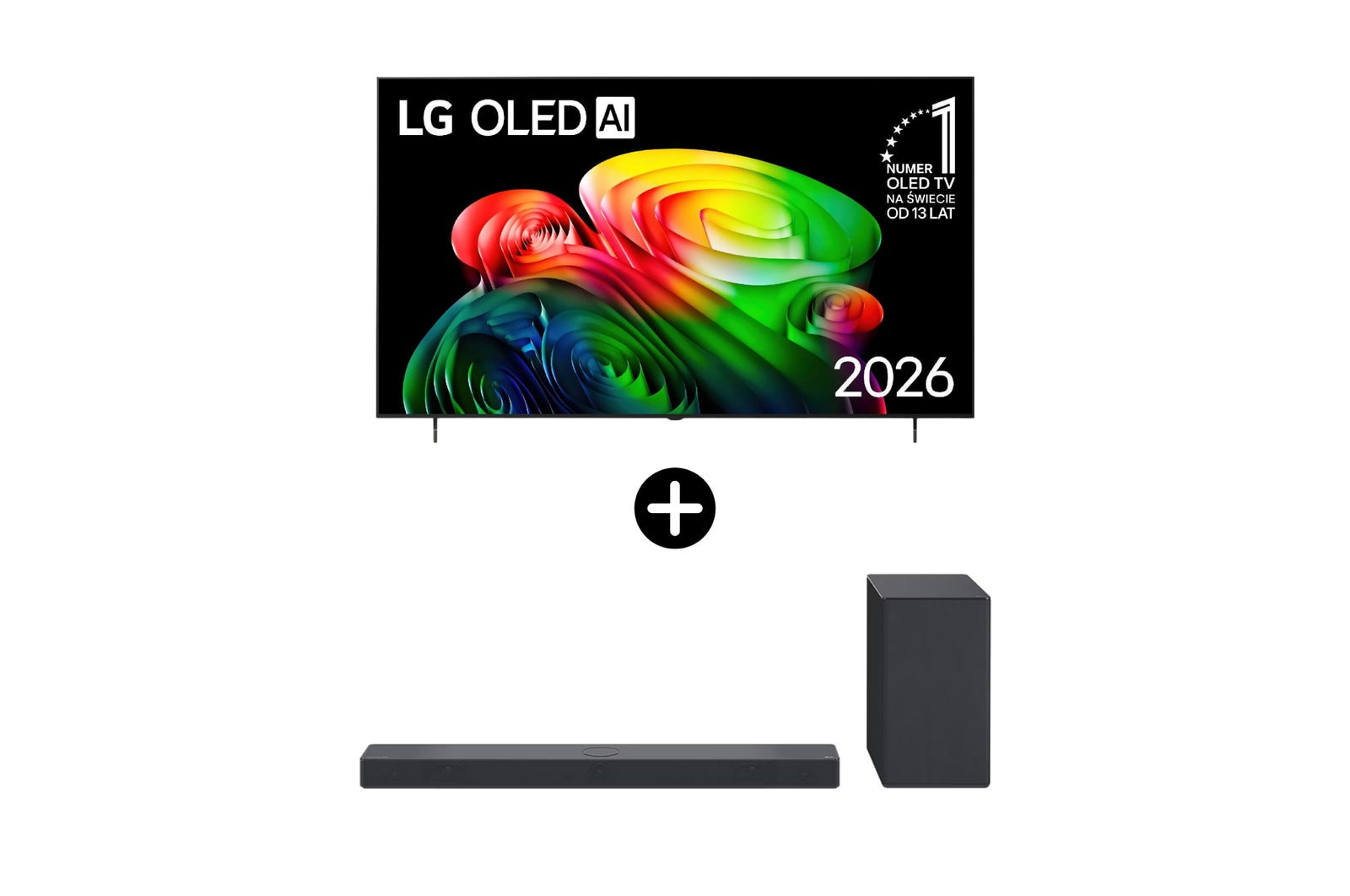 Front view of Zestaw telewizor i soundbar I 77-calowy LG OLED AI B6 4K Smart TV 2026 + LG Soundbar SC9S OLED77B65LA.SC9S001