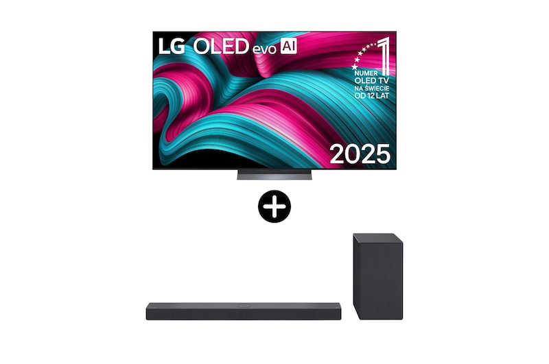 Front view of Zestaw telewizor i soundbar I 77 calowy LG OLED evo AI C5 4K Smart TV 2025 + LG Soundbar SC9S OLED77C54LA.SC9S001