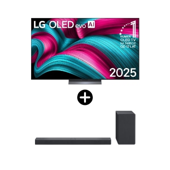 Front view of Zestaw telewizor i soundbar I 77 calowy LG OLED evo AI C5 4K Smart TV 2025 + LG Soundbar SC9S OLED77C54LA.SC9S001