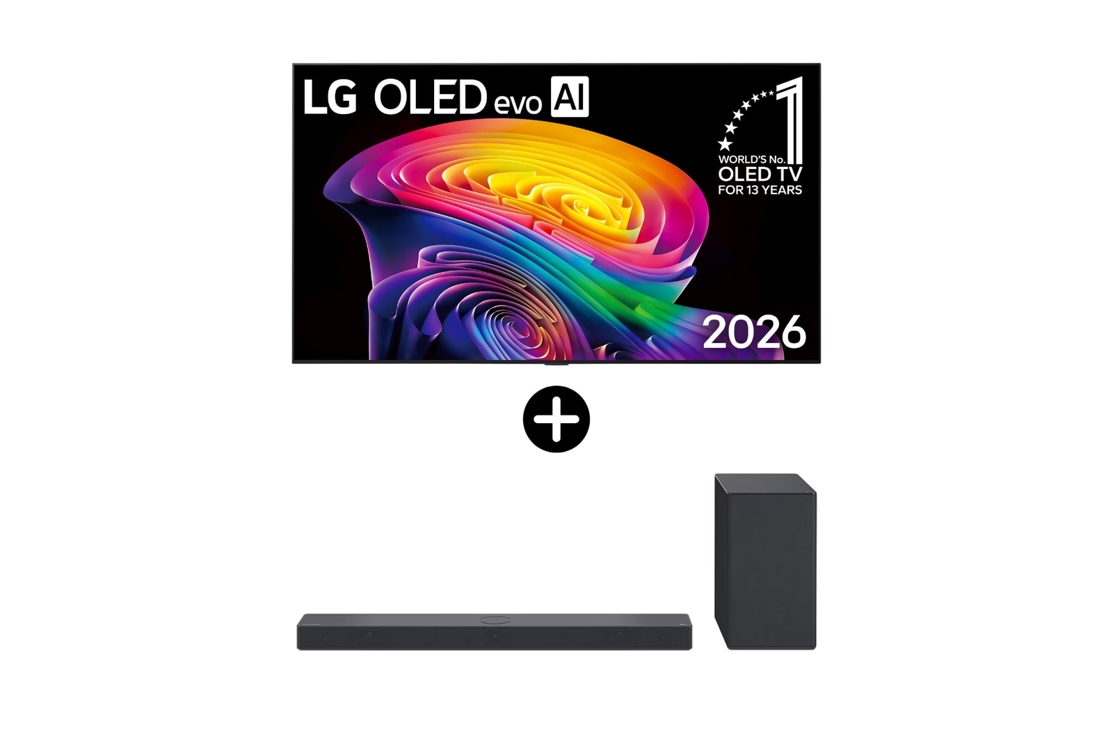 Front view of Zestaw telewizor i soundbar I 77-calowy LG OLED evo AI C6 4K Smart TV 2026 + LG Soundbar SC9S OLED77C6ELB.SC9S001