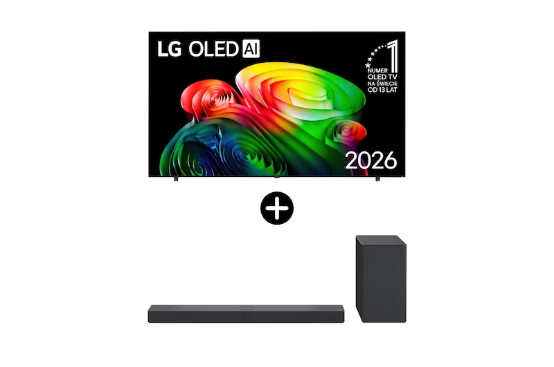 Front view of Zestaw telewizor i soundbar I 83-calowy LG OLED AI B6 4K Smart TV 2026 + LG Soundbar SC9S OLED83B65LA.SC9S001