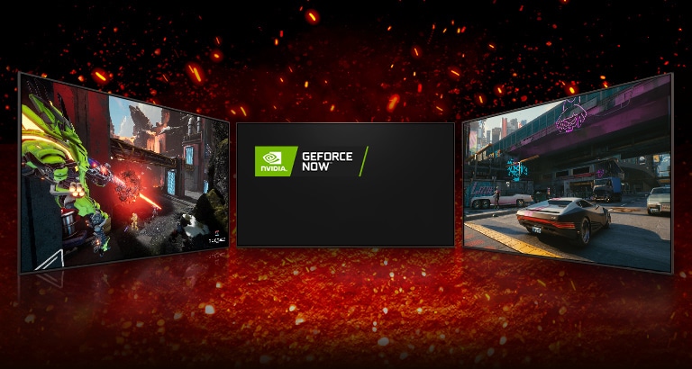 Trzy telewizory – środkowy jest zwrócony przodem, a na jego ekranie są wyświetlone logo NVIDIA GEFORCE NOW i Stadia. Na ekranie telewizora po lewej stronie widać kadr z gry Splitgate, a na ekranie telewizora po prawej – kadr z gry Cyberpunk 2077.
