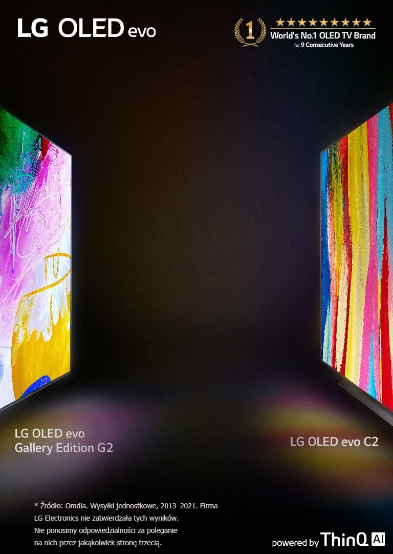 Widok z boku telewizorów LG OLED C2 i LG OLED G2 Gallery Edition ustawionych do siebie przodem w ciemnym pomieszczeniu. Na obu ekranach są wyświetlone dzieła sztuki.