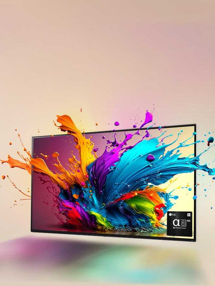 Obraz telewizora QNED na jasnoróżowym tle. Kolorowe kropelki i fale farby wylatują z ekranu, a światło promieniuje, rzucając poniżej kolorowe cienie. Procesor α8 AI Processor znajduje się w prawym dolnym rogu ekranu telewizora.
