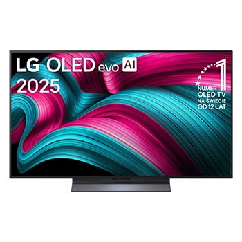 Widok z przodu na LG OLED evo AI C5 4K Smart TV. Emblemat „12 Years of World Number 1 OLED” i logo LG OLED evo AI 2025 na ekranie.