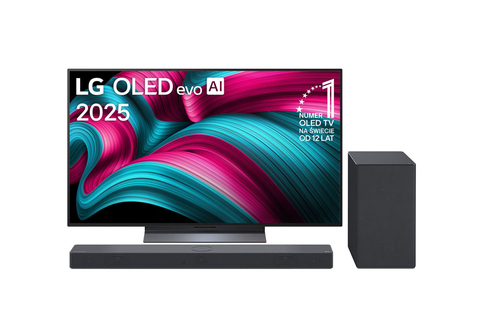 Widok z przodu na LG OLED evo AI C5 4K Smart TV. Emblemat „12 Years of World Number 1 OLED” i logo LG OLED evo AI 2025 na ekranie.