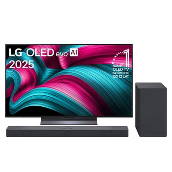 Widok z przodu na LG OLED evo AI C5 4K Smart TV. Emblemat „12 Years of World Number 1 OLED” i logo LG OLED evo AI 2025 na ekranie.
