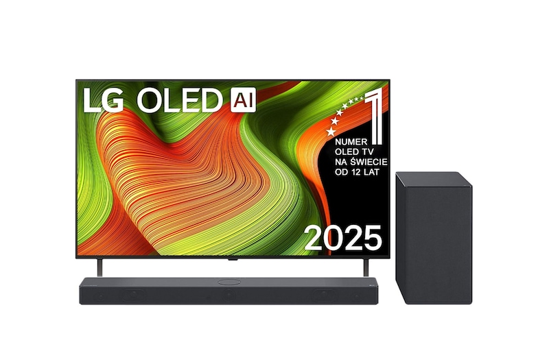 Przedni widok na LG OLED AI B5 4K Smart TV. Emblemat „12 Years of World Number 1 OLED” i logo LG OLED AI 2025 na ekranie.