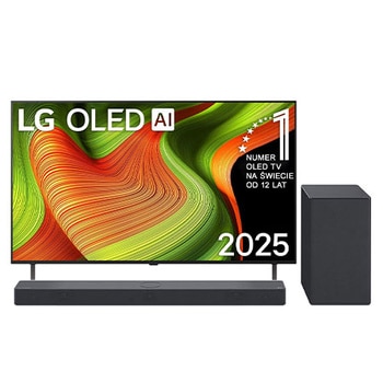 Przedni widok na LG OLED AI B5 4K Smart TV. Emblemat „12 Years of World Number 1 OLED” i logo LG OLED AI 2025 na ekranie.