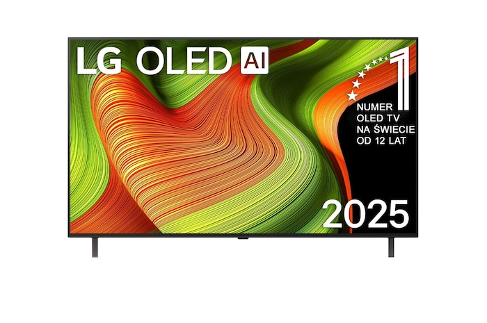 Przedni widok na LG OLED AI B5 4K Smart TV. Emblemat „12 Years of World Number 1 OLED” i logo LG OLED AI 2025 na ekranie.