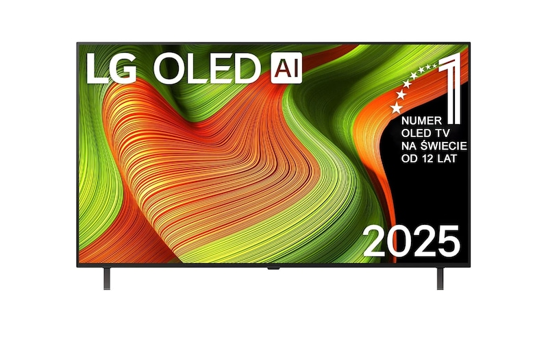 Przedni widok na LG OLED AI B5 4K Smart TV. Emblemat „12 Years of World Number 1 OLED” i logo LG OLED AI 2025 na ekranie.