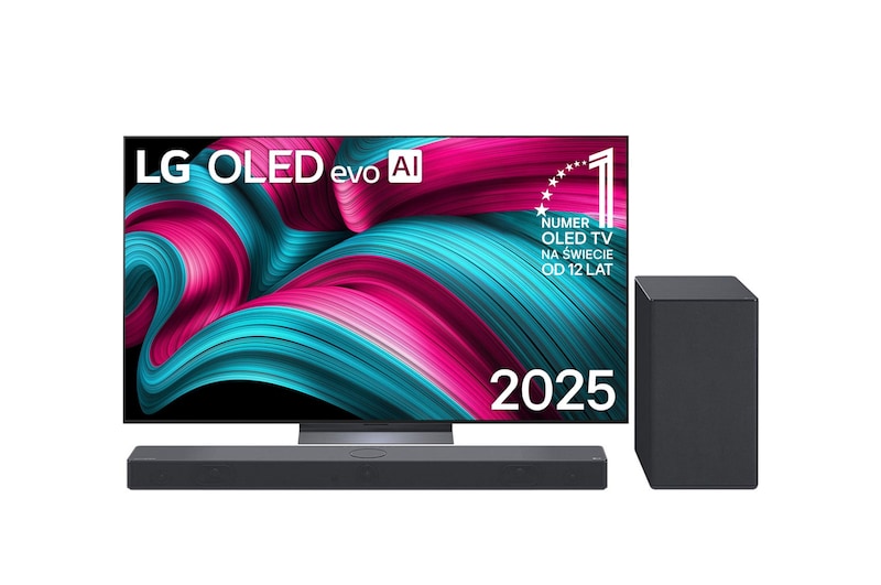 Widok z przodu na LG OLED evo AI C5 4K Smart TV. Emblemat „12 Years of World Number 1 OLED” i logo LG OLED evo AI 2025 na ekranie.