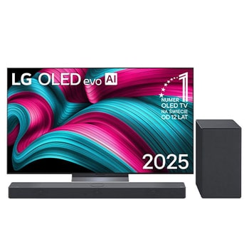 Widok z przodu na LG OLED evo AI C5 4K Smart TV. Emblemat „12 Years of World Number 1 OLED” i logo LG OLED evo AI 2025 na ekranie.