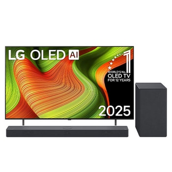 Przedni widok na LG OLED AI B5 4K Smart TV. Emblemat „12 Years of World Number 1 OLED” i logo LG OLED AI 2025 na ekranie.