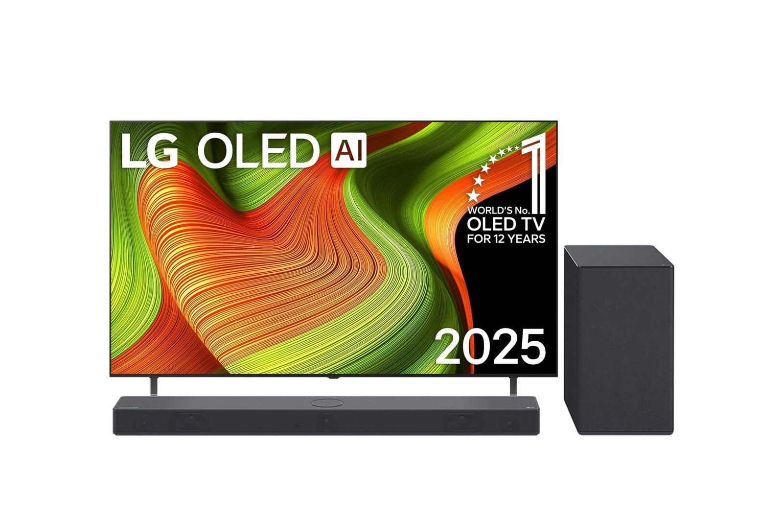 Przedni widok na LG OLED AI B5 4K Smart TV. Emblemat „12 Years of World Number 1 OLED” i logo LG OLED AI 2025 na ekranie.