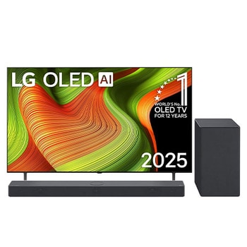 Przedni widok na LG OLED AI B5 4K Smart TV. Emblemat „12 Years of World Number 1 OLED” i logo LG OLED AI 2025 na ekranie.