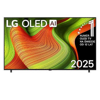 Przedni widok na LG OLED AI B5 4K Smart TV. Emblemat „12 Years of World Number 1 OLED” i logo LG OLED AI 2025 na ekranie.