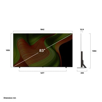 Widok z przodu i z boku na LG OLED AI B5 4K Smart TV prezentujący jego długość, szerokość, wysokość i głębokość.