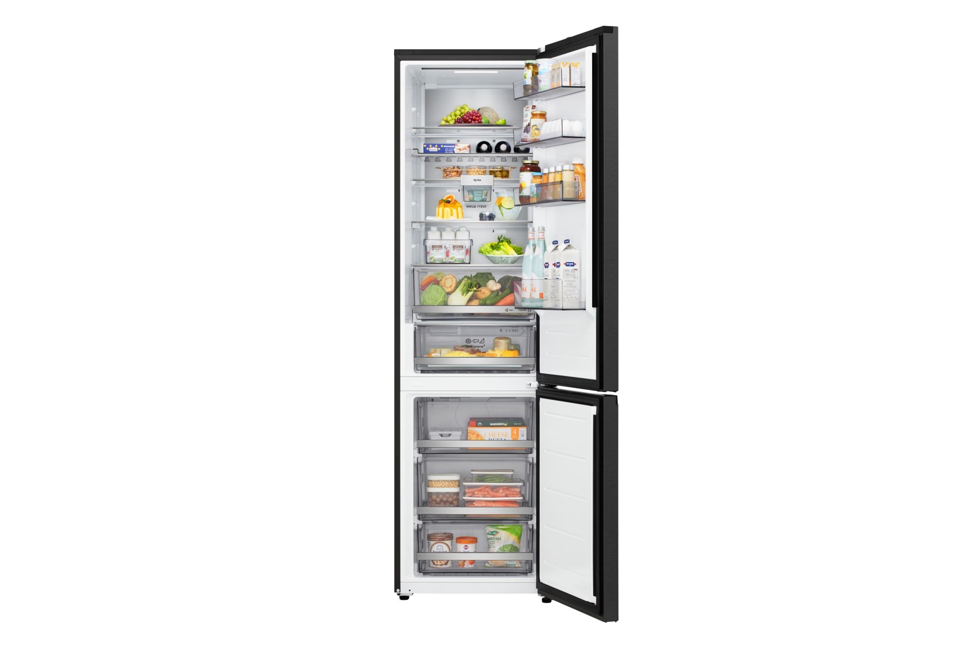 Vista con la porta completamente aperta del frigorifero LG con congelatore inferiore (gbbs726cpy) che mostra gli scomparti del frigorifero e del congelatore.