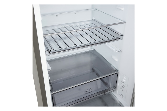 Plank van LG-koelkast met vriesvak (GBBS726Cgbbs726cpyEV) gemarkeerd in het blauw met pijltjes omhoog en omlaag, afbeelding aan de rechterkant laat gevouwen plank met twee waterflessen zien