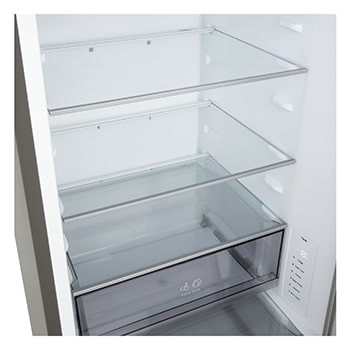 Plank van LG-koelkast met vriesvak (GBBS726Cgbbs726cpyEV) gemarkeerd in het blauw met pijltjes omhoog en omlaag, afbeelding aan de rechterkant laat gevouwen plank met twee waterflessen zien