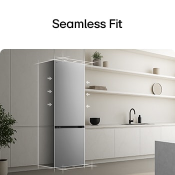 LG-bodemvriezer (gbbs726cpy) uitgelijnd geïnstalleerd in hoge warmbeige wand met witte pijlen die wijzen naar de bovenzijde en de oppervlakken aan de voorkant