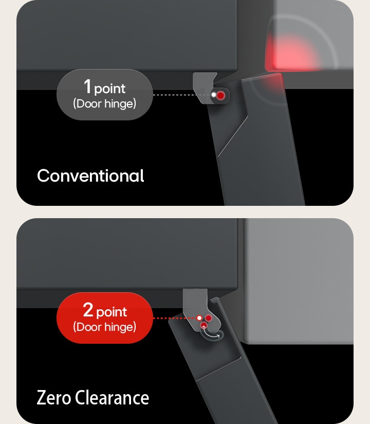 LG fridge freezer (GBBW726CPY) top view split image left with text Conventional hinge hitting wall right with text Zero Clearance hinges opening freely