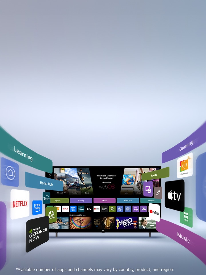 LG Smart TV displaying webOS home screen with entertainment apps and LG Channels UI elements dynamically expanding outward, highlighting 4,000+ global apps and channels.