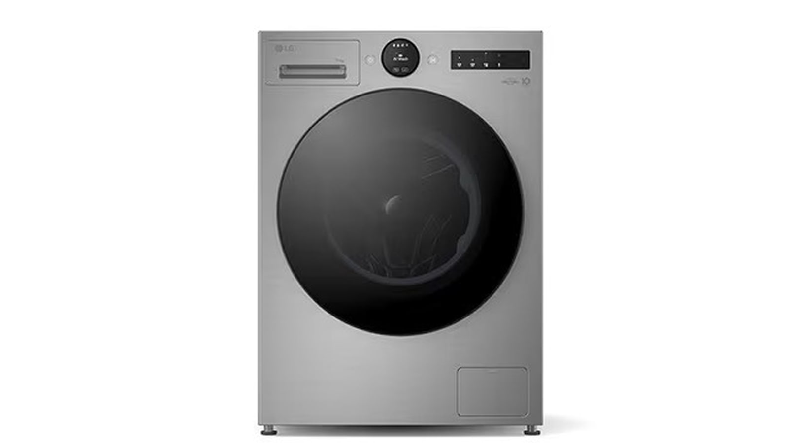 The front view image of gray LG washing machine.