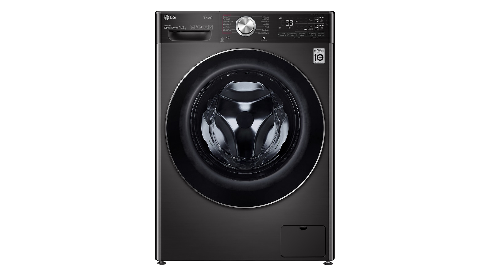 The front view image of black LG washing machine.