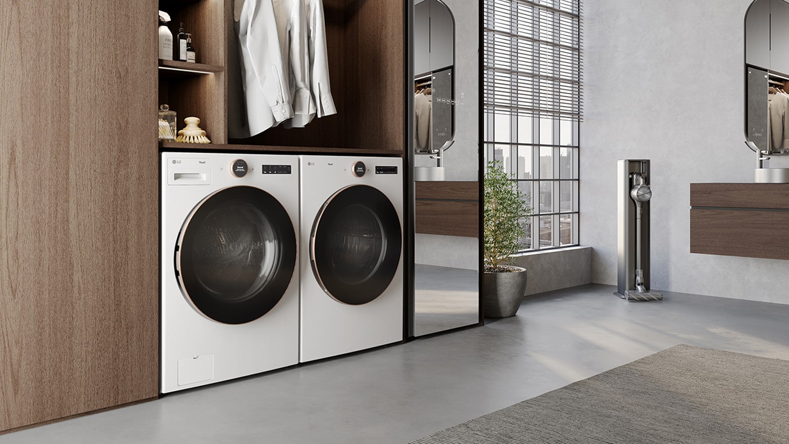 *Image of white lg washing machine and dryer installed in pair under wooden area.