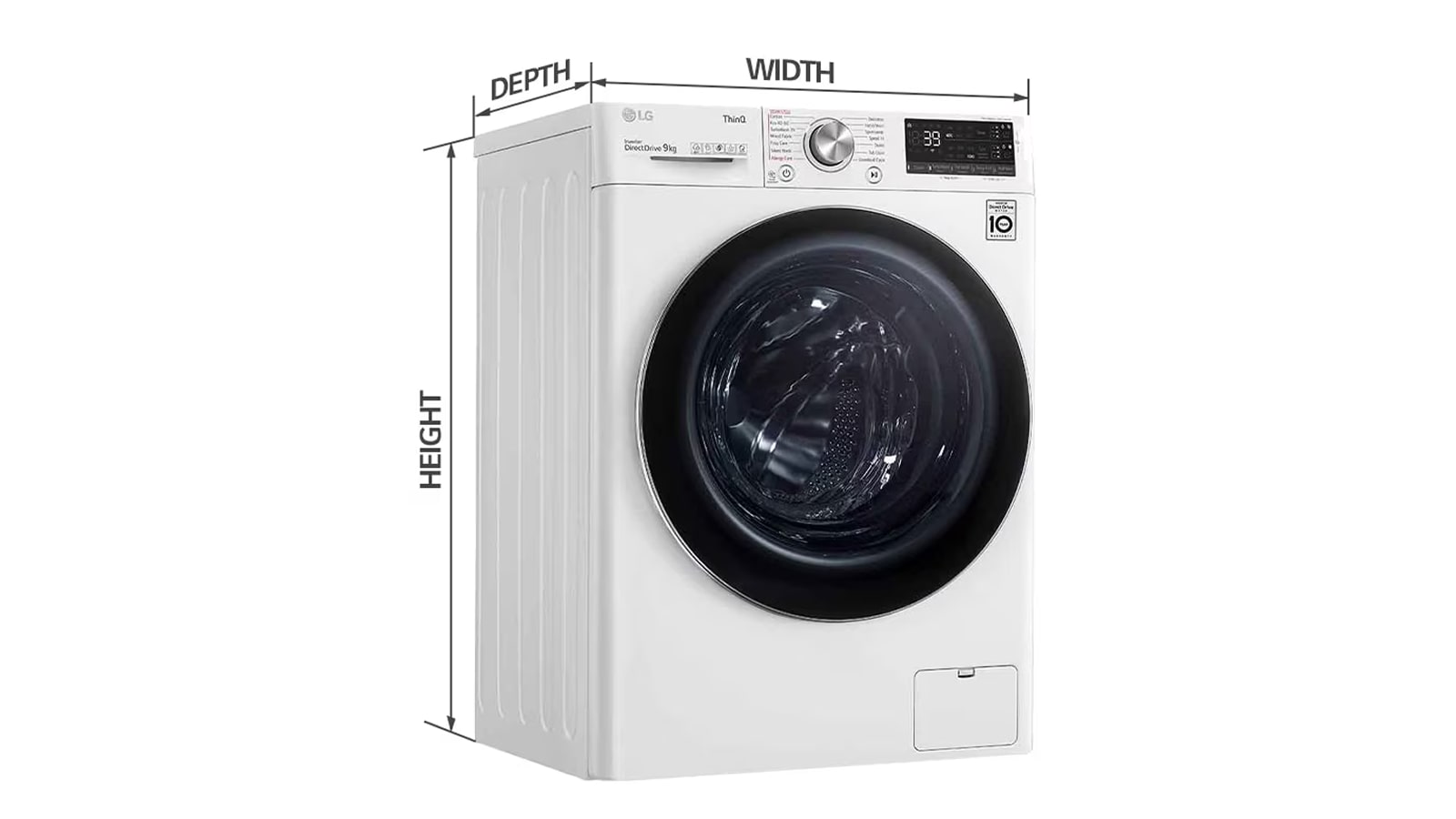 *Half left side view of white lg washing machine and drawing indicating width, depth, height.
