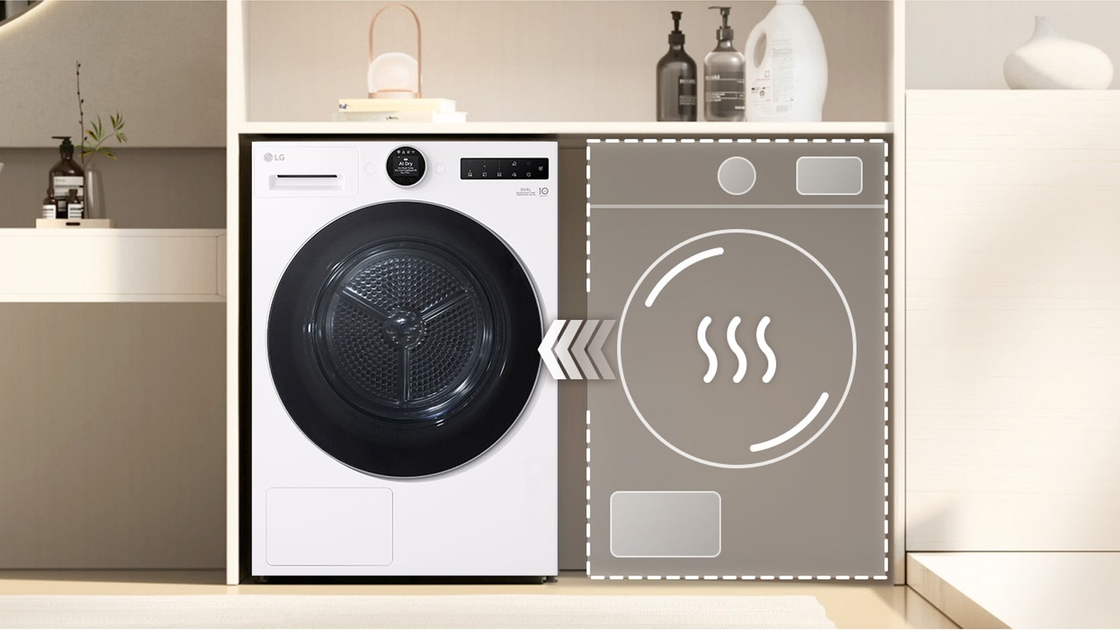 The front view of white lg washer dryer combo and dot drawing of product with heat sign.
