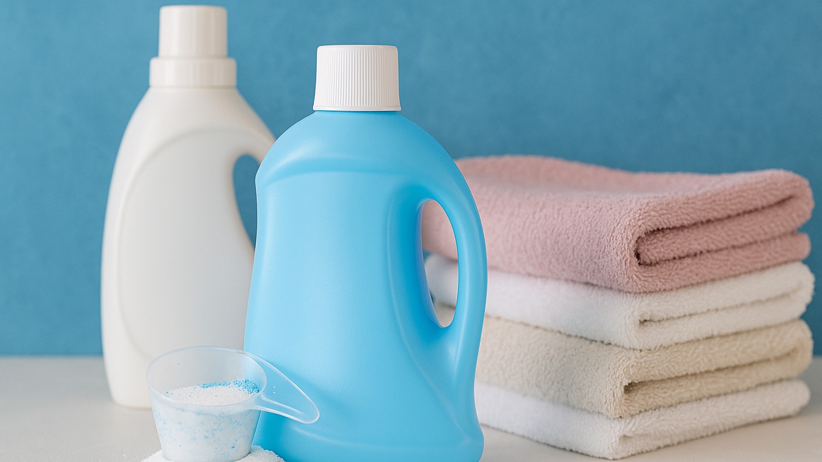 Image of blue and white detergents and some pile of towers.
