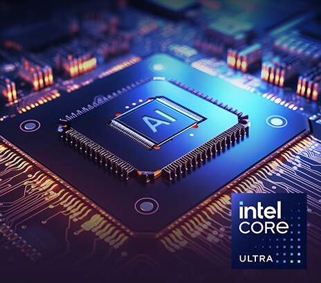 The image displays a close-up of a computer chip with "AI" highlighted at the center, surrounded by a glowing circuit board. The text at the top reads: "AI-optimized processor," and the bottom right features the Intel Core Ultra logo, emphasizing advanced AI processing capabilities.