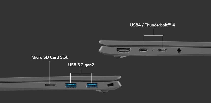 multi ports - USB4 Thunderbolt 4, Micro SD Card Slot, and USB 3.2 gen2.	