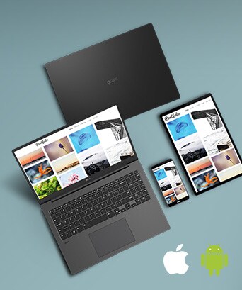 The image shows an LG Gram laptop, a tablet, and a smartphone displaying synchronized content. The text reads: "LG gram Link - Get all connected," with Apple and Android logos in the bottom right, emphasizing cross-device compatibility.