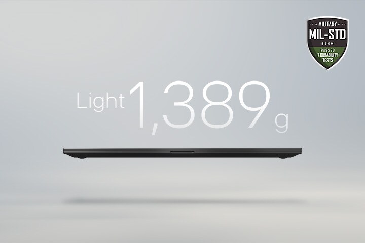 An animation showcasing a lightweight laptop with '1,389g' displayed in the first frame and '16.0mm' thickness in the second frame. Both frames include the MIL-STD durability badge, emphasizing portability and durability.