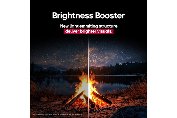 Una hoguera nocturna en plena naturaleza. A lo lejos, se ve un bosque y un lago. Un cielo nocturno lleno de estrellas. Toda la escena está dividida por la mitad. Un lado es más oscuro y apagado. El otro es considerablemente más brillante, mostrando el impresionante brillo de Brightness Booster. 