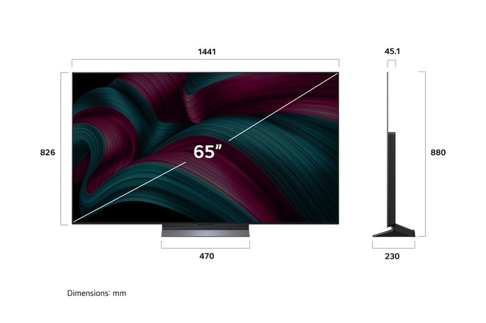 Vista frontale e laterale dello Smart TV LG OLED evo AI C5 4K che mostra le dimensioni di lunghezza, larghezza, altezza e profondità.
