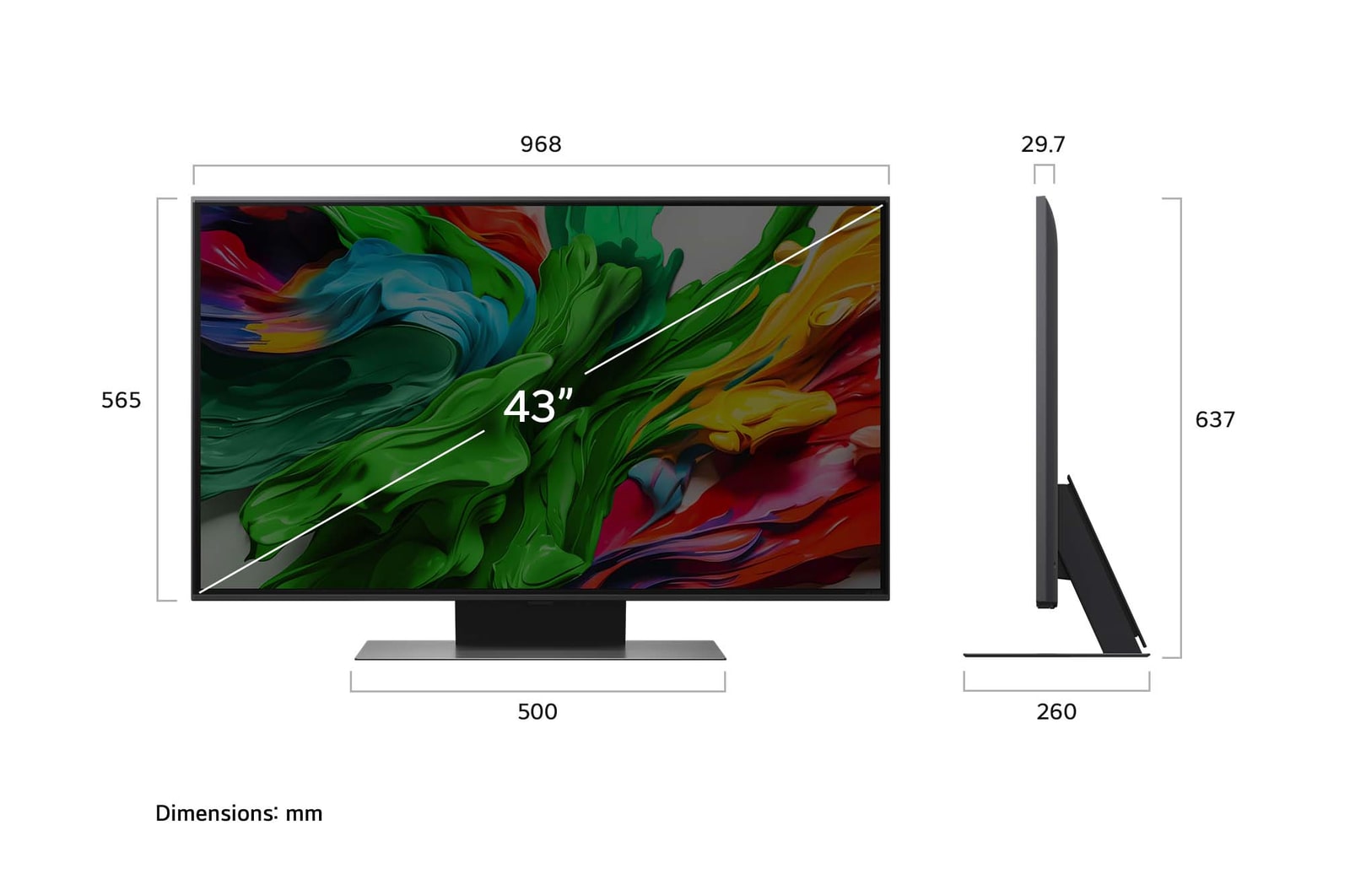 Front view and side view of LG QNED evo AI QNED85 4K Smart TV showing its length, width, height, and depth dimensions.