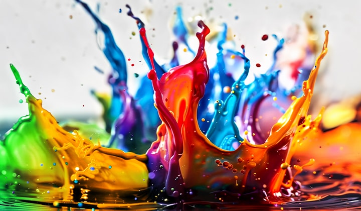 Salpicaduras de pintura de diversos colores brotan del suelo.	