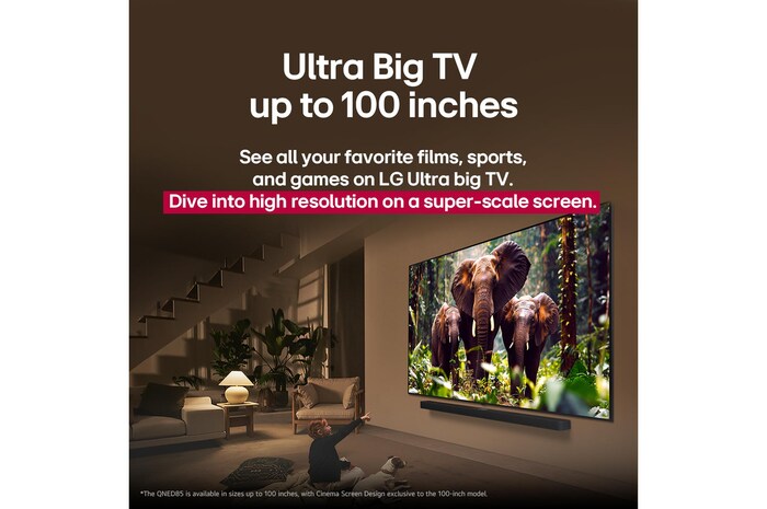 Una niña y un perro están sentados frente a un televisor LG QNED TV montado en una pared con una barra de sonido LG Soundbar. En pantalla muestra a tres elefantes caminando hacia adelante. El breve texto describe cómo cada acción es más emocionante en una pantalla gigante. 