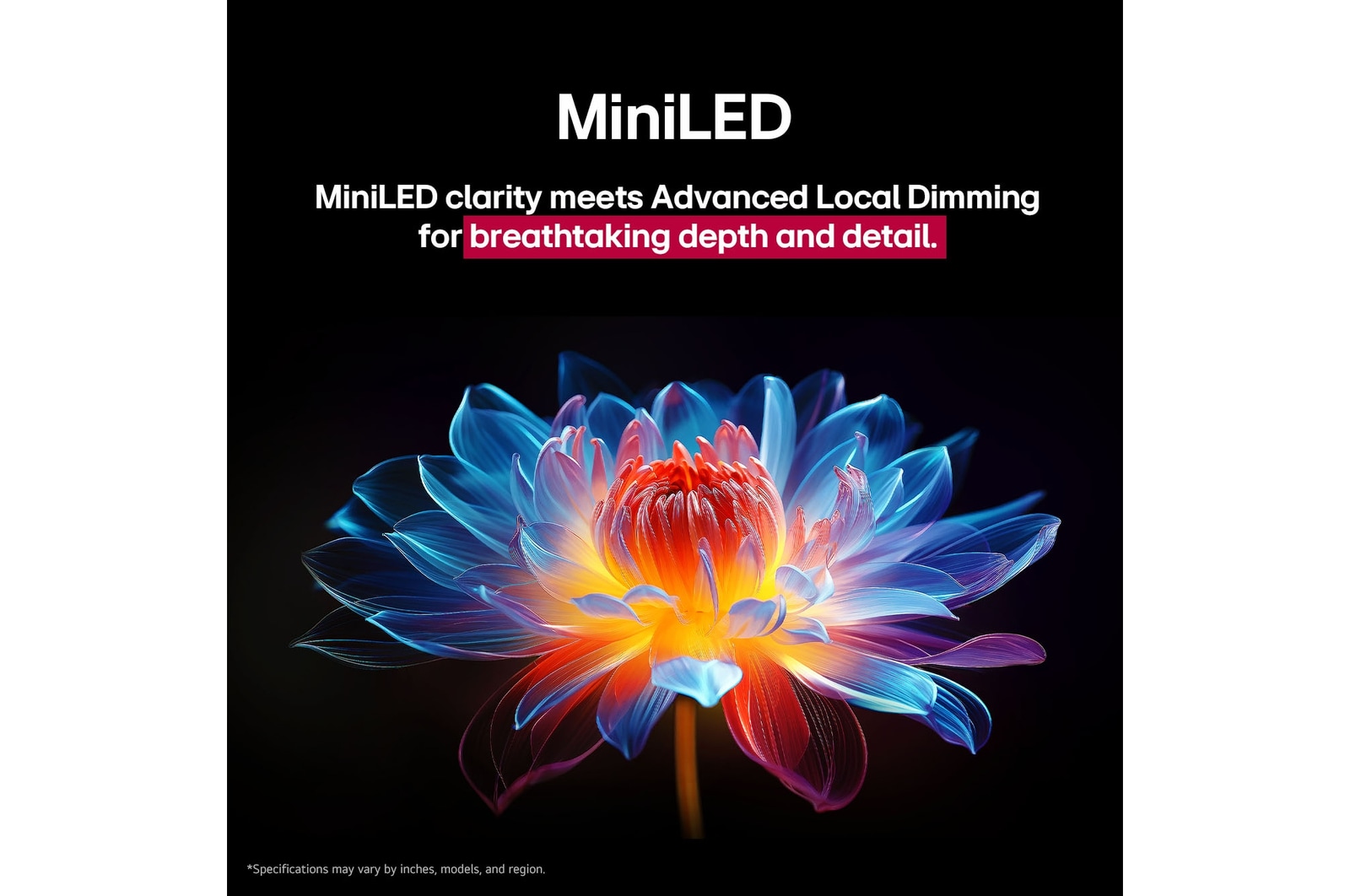 3D holographic flower in many different shades and hues against a black background. The definition and detail of the flower shows off QNED MiniLED's capability to produce visuals with exceptional color, brightness, and contrast. The title talks about how MiniLED enhances clarity and provides exceptional contrast.