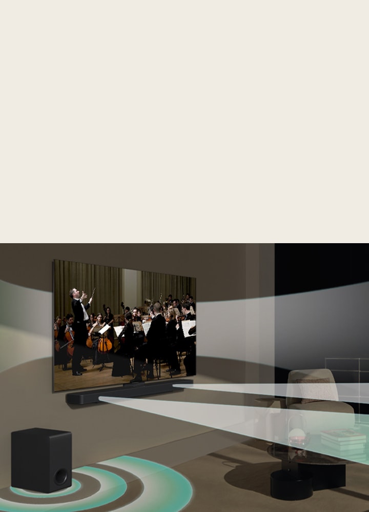 Se está reproduciendo una escena de un concierto en una LG TV colgada en la pared. El efecto de sonido virtual sale simultáneamente de la LG TV, la LG Soundbar S40T y su subwoofer, mostrando cómo se crea WOW Orchestra.