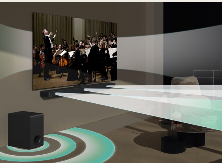 Concert scene is being played on LG TV on the wall. Virtual sound effect is coming out from LG TV, LG Soundbar S60T and its sub woofer simultaneously, showing how WOW Orchestra is created.