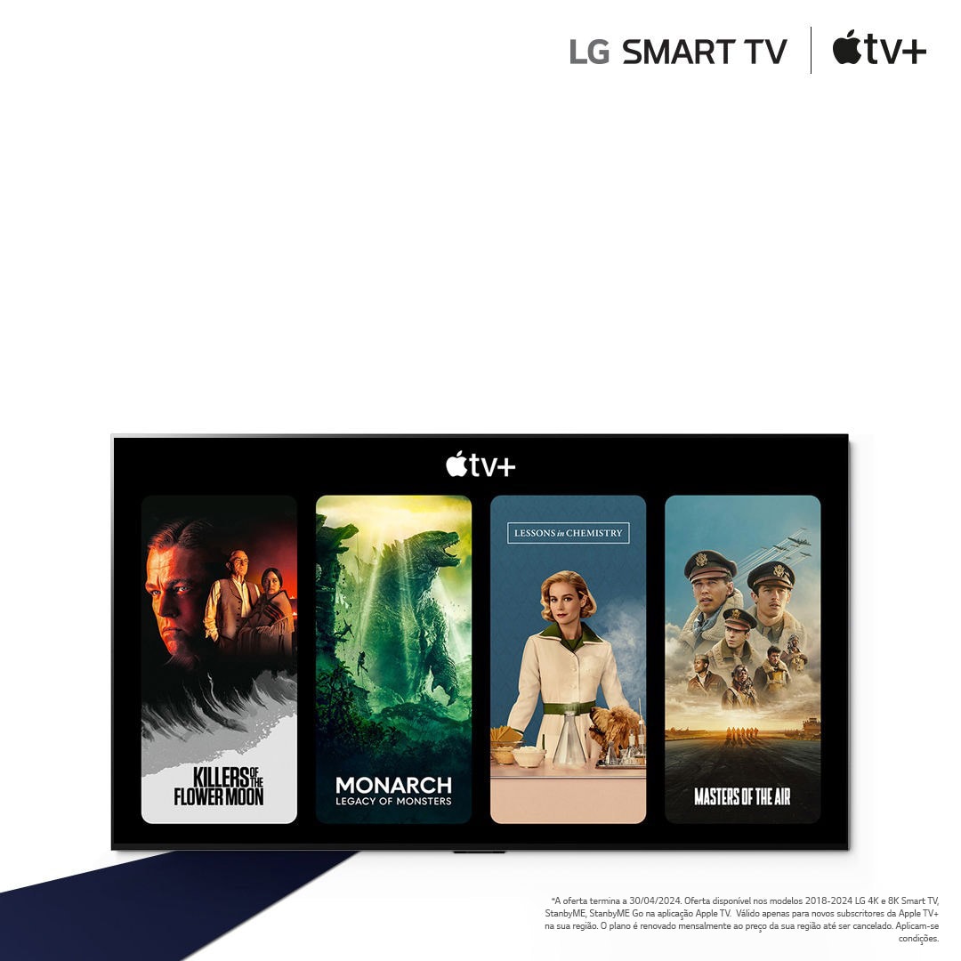 Uma imagem da OLED TV da LG. O conteúdo da Apple TV+ aparece no ecrã e o título é "Ganhe três meses de Apple TV+ grátis com as LG Smart TV".