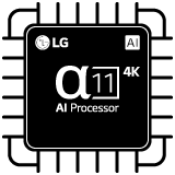 Banner promocional para as funcionalidades da LG AI TV. Um AI Magic Remote é exibido à esquerda. À direita, várias imagens são mostradas: uma sala de estar com Personalização de IA, uma mulher segurando um cão representando o AI Picture, um cantor com fones de ouvido ilustrando AI Sound, e uma interface de TV com aplicações de streaming destacando a AI Experience. O Processador LG alpha 11 4K AI é destacado com efeitos neon e padrões de circuito.
