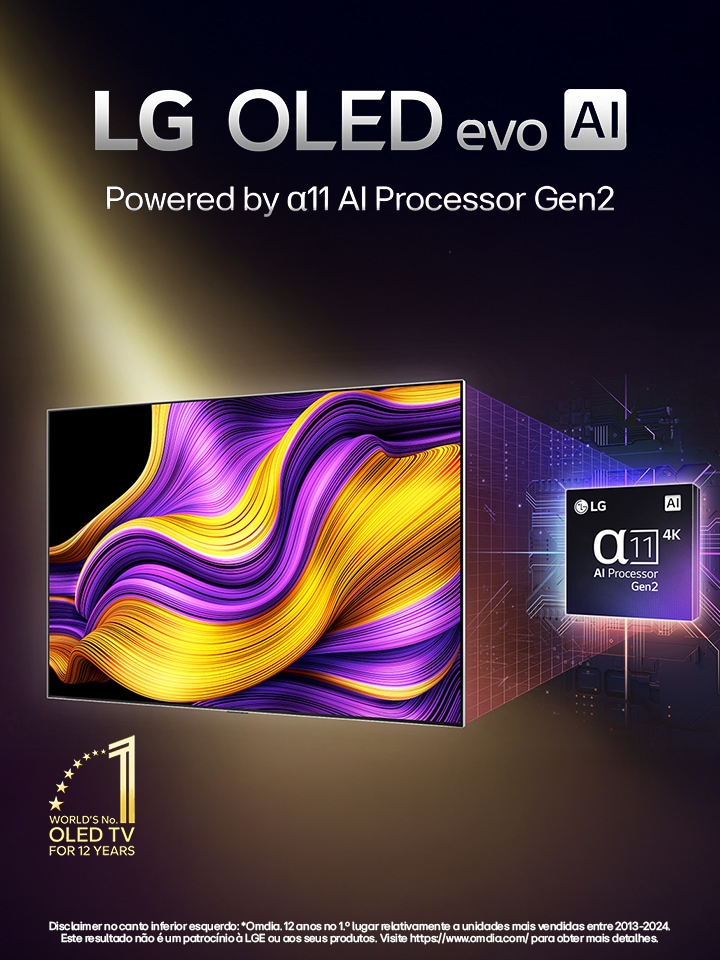 Uma perspetiva aérea de um homem e uma mulher a assistir a um concerto numa grande OLED TV num apartamento moderno. Aparece na imagem o emblema "A OLED TV número 1 do mundo há 11 anos". Uma declaração de isenção de responsabilidade diz o seguinte: “Fonte: Omdia. Envios unitários, 2013 a 2023. Os resultados não são patrocinados pela LG Electronics. Qualquer confiança nestes resultados é por conta e risco de terceiros. Visite https://www.omdia.com/ para obter mais detalhes.”